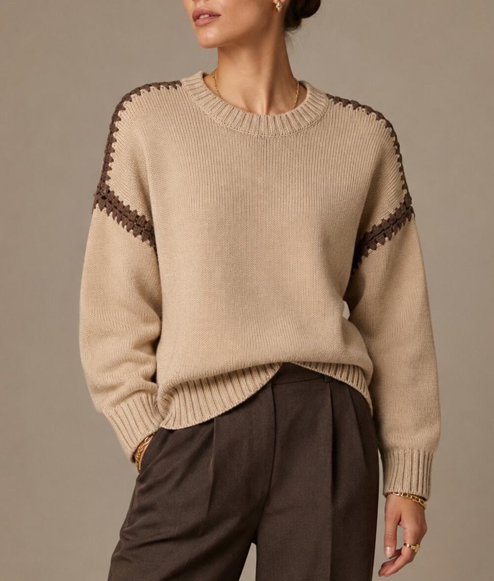 Splendid Greyson Crochet Shoulder Sweater Size S Tan Brown Granola Cozy Neutral